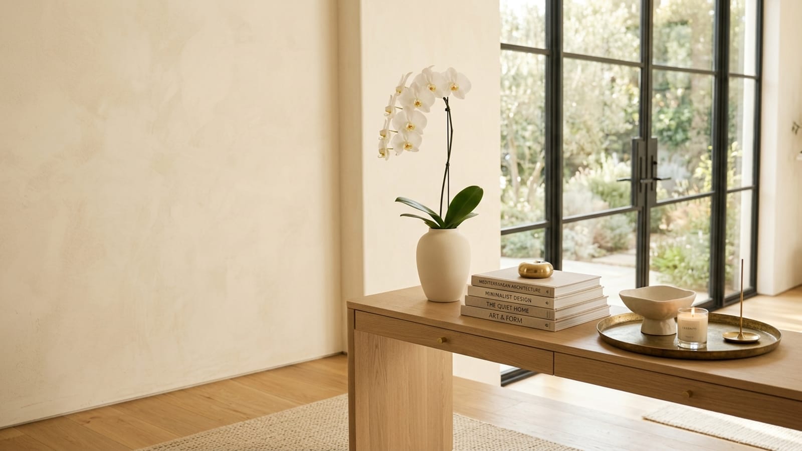 A serene, light-filled luxury interior with carefully arranged furnishings, soft natural light, and refined minimalist details.