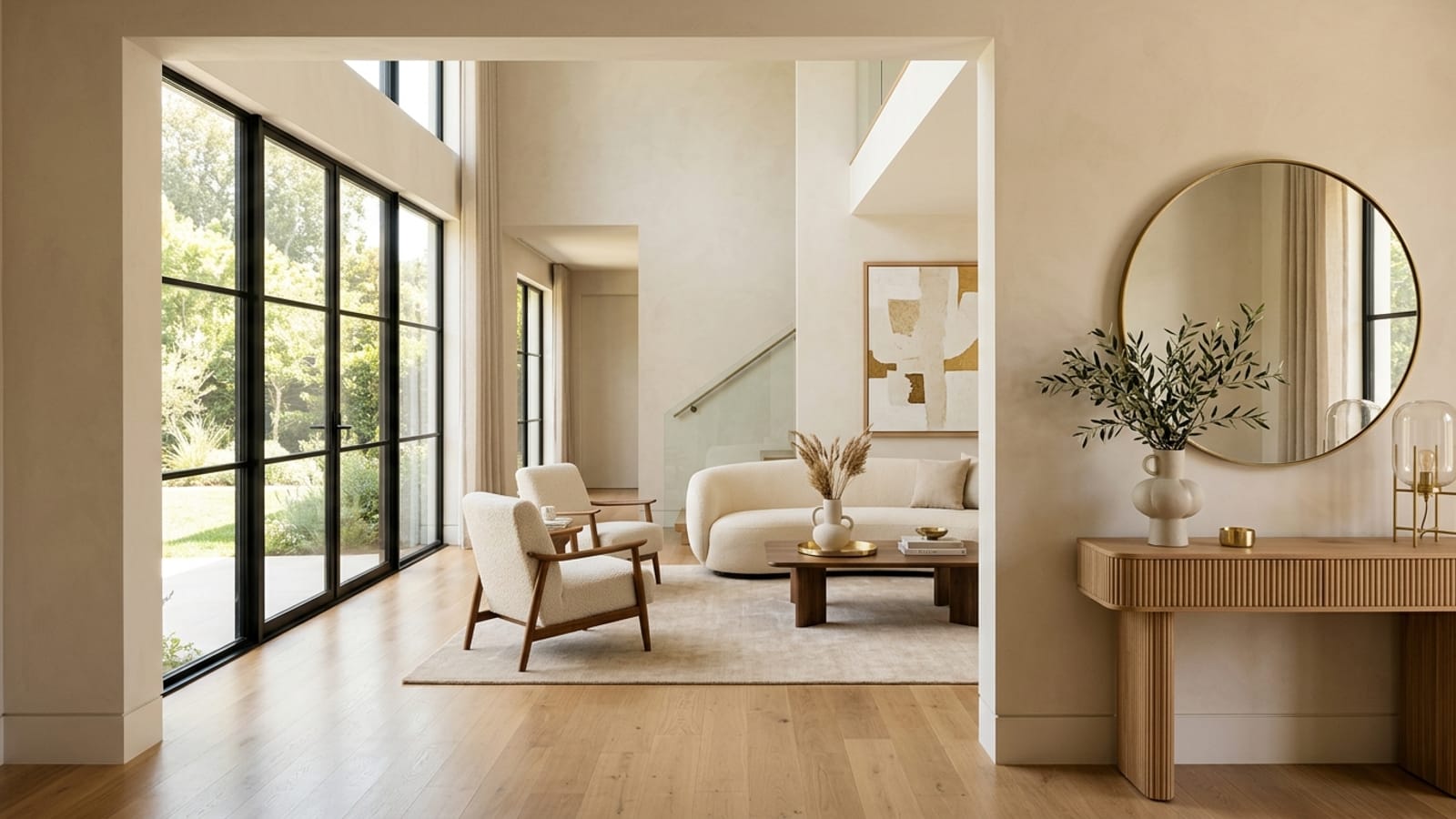 A refined, sunlit luxury home interior with warm cream and gold tones, elegant furnishings, and large windows framing a calm, inviting space.