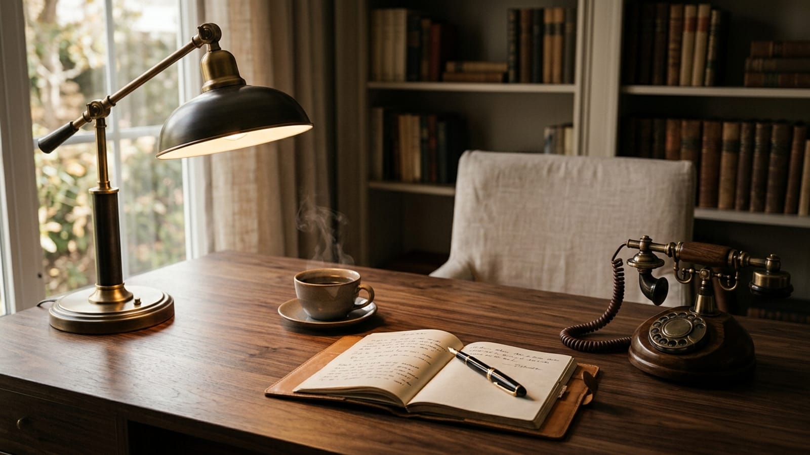 A serene, warmly lit luxury home office desk with a telephone, notepad, and soft natural light streaming through sheer curtains.