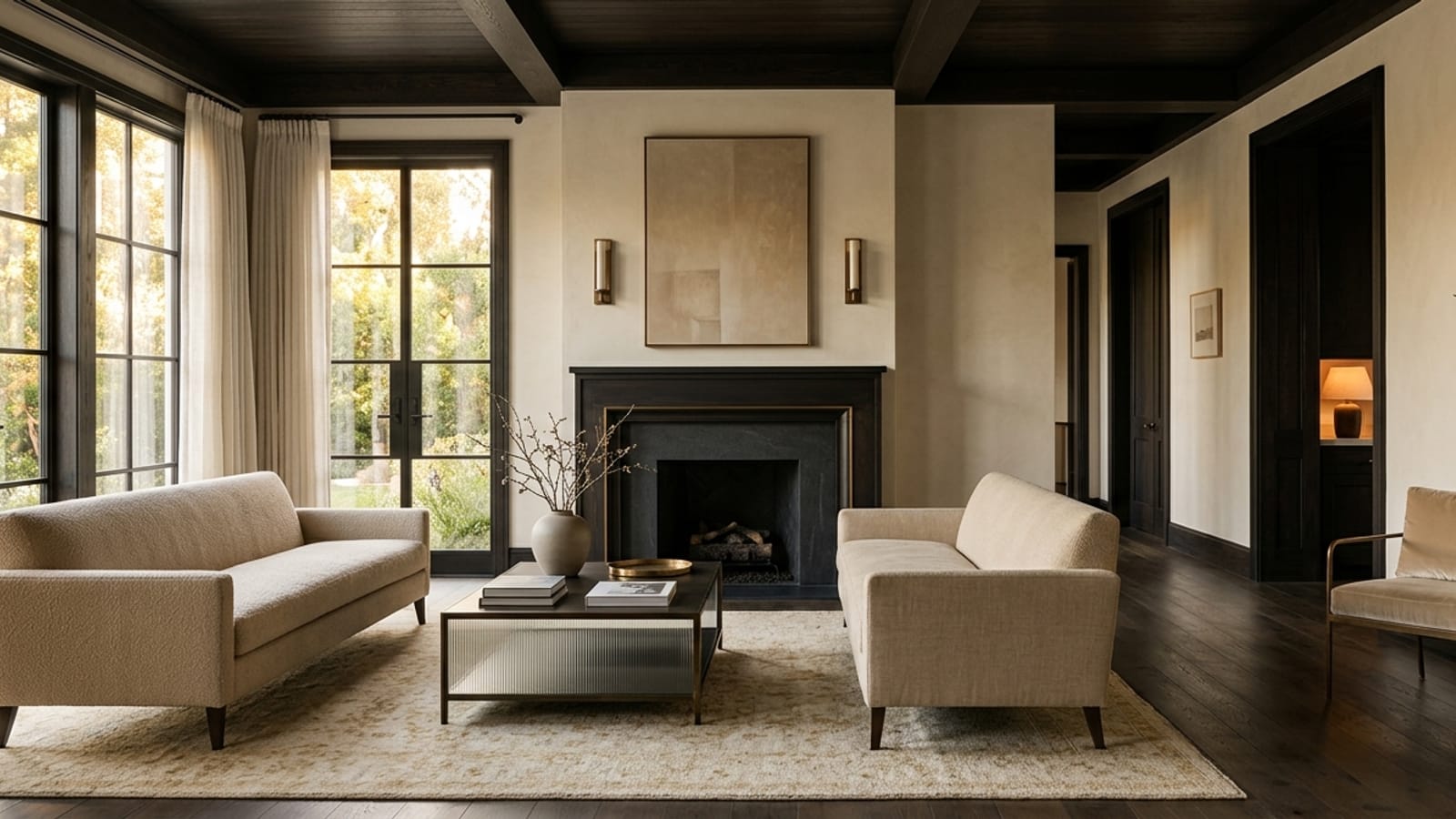 A sophisticated, minimalist luxury living room with beige sofas, a black modern fireplace, and large steel-framed windows overlooking a garden.