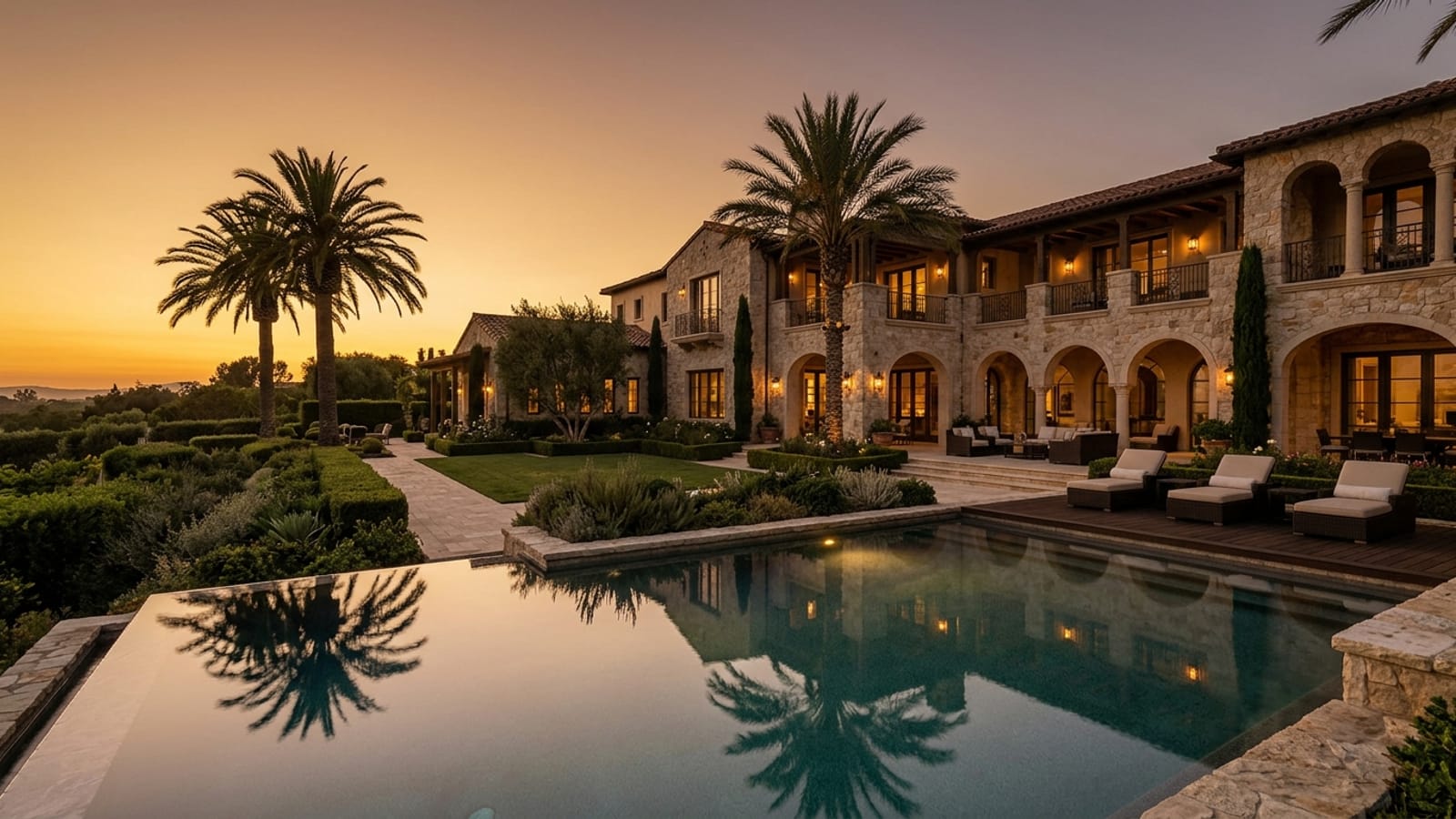 An elegant luxury home exterior with manicured landscaping, warm architectural lighting, and a refined stone facade at dusk.